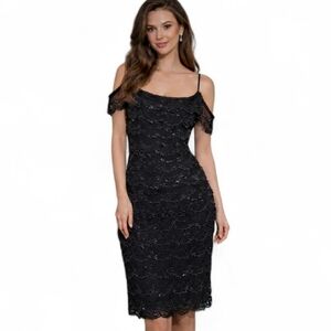 Vintage STENAY Off Shoulder Scalloped Heavy Beaded Cocktail Dress. Black. Size 6